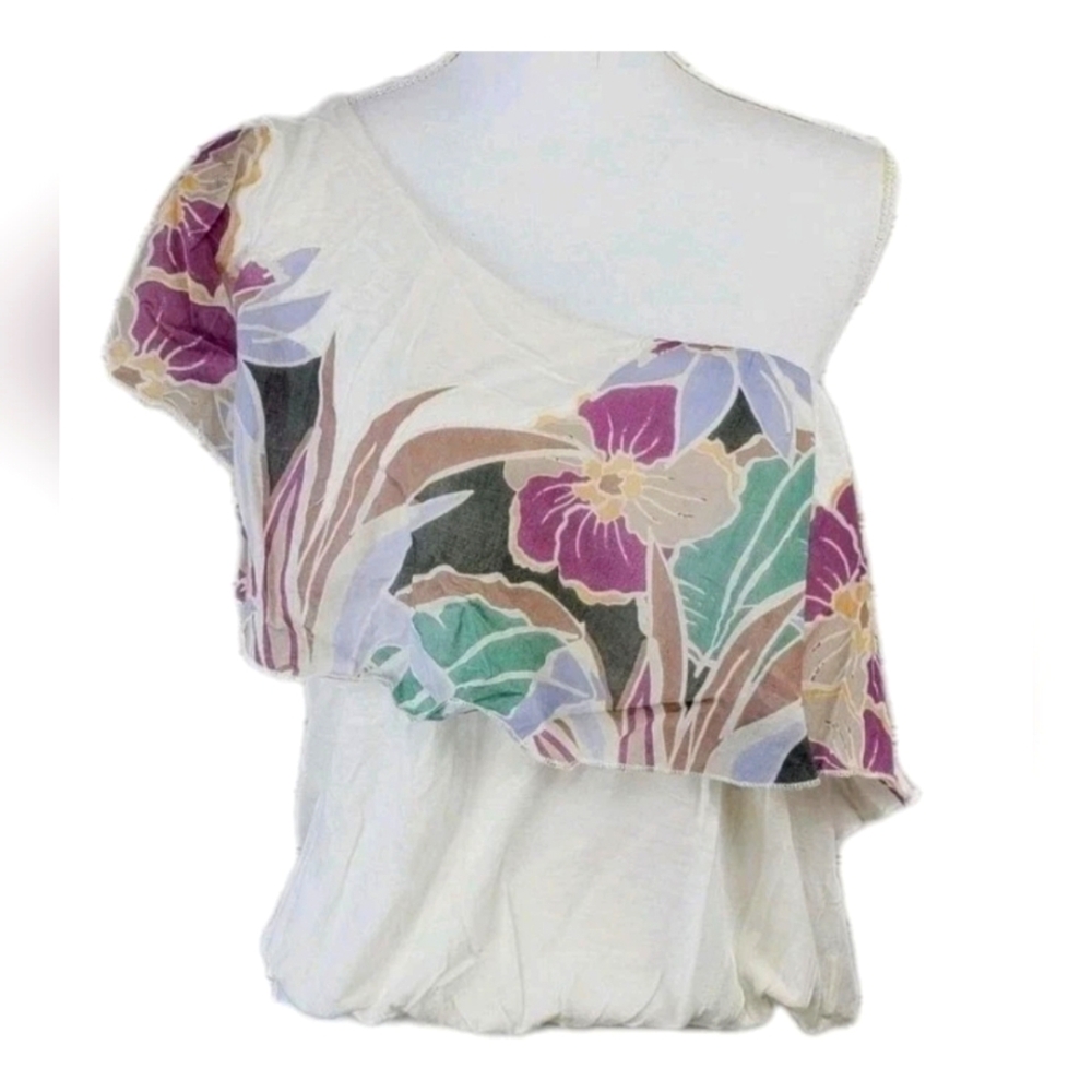 NWT Free People Annka Bubble Ivory Floral Ruffle One Shoulder Top MRP $78 MEDIUM